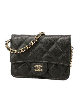 Chanel Shoulder Bag Quilted Caviar Leather Black Champagne Gold